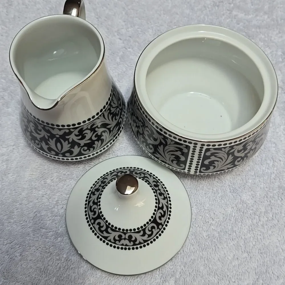 VTG Mikasa SUTTON 0Bone China Creamer Covered Sugar Bowl Black White Narumi Japa